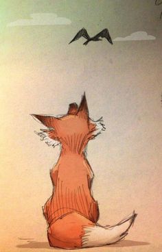 a drawing of a fox sitting on the ground looking up at a bird flying overhead