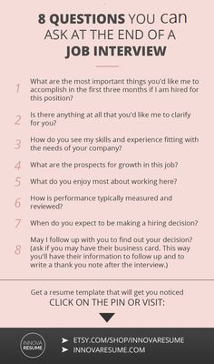 a poster with the words 8 questions you should ask at the end of every job interview