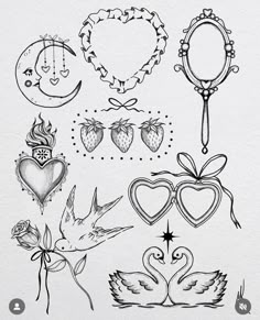 a bunch of tattoos that are drawn in pencil and ink on paper with hearts, flowers, birds, moon, heart shaped frames