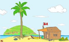 Digital Art of Coco land showing tiny island in the back and Coconut tree with hut and boat on the front land. Coco