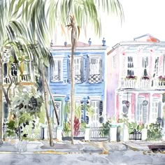 a watercolor painting of some buildings and palm trees in front of the building with blue shutters