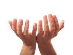 two hands reaching up into the air with their fingers raised in front of white background