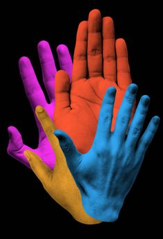 three hands with different colors on them