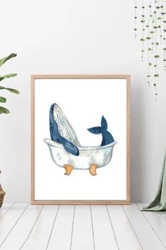 a painting of a whale in a bathtub on the wall next to a potted plant