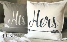 two pillows that say his and hers on them, one is black and the other is white