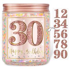 a pink 30th birthday jar filled with confetti