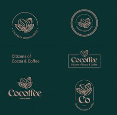 the logos for coffee and cocoa products are shown in gold on dark green colored background