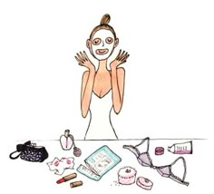 a drawing of a woman holding her hands up to her face with various items surrounding it