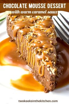 a piece of chocolate cheesecake with caramel drizzled on the top