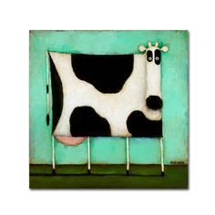 a painting of a black and white cow in a green room with the head turned to look like it is sticking its tongue out