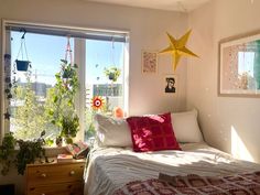 a bedroom with a bed, window and plants in the corner on the wall next to it