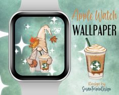 an apple watch wallpaper with a gnome holding a cup of coffee and the text, apple watch wallpaper