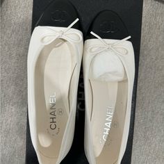 Chanel Ballet Flats. Worn Twice And Realised They Are To Small On Me. Please Pay Attention To The Details In Pictures. White With Black Tip. Box And Dust Bag Is Included. Shoes Chanel, Chanel Shoes, Chanel Ballet Flats, Pay Attention, Flat Shoes Women, Ballet Flats, Loafer Flats, Dust Bag, Loafers