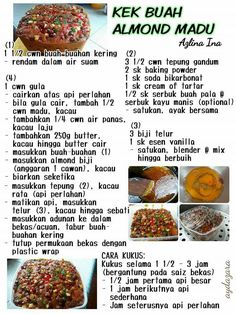 the recipe for kek buah almond madu is shown in several different languages