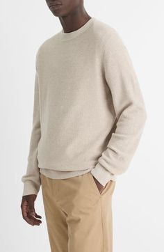 Mercerized wool and breathable cotton bring softness and polish to a sweater crafted with a touch of cashmere and a subtly textured finish. 26 1/2" length (size Medium) Crewneck Long sleeves Ribbed cuffs and hem 50% merino wool, 45% cotton, 5% cashmere Hand wash, dry flat Imported Beige Crew Neck Cotton Sweater, Mens Sweater, Relaxed Fit Organic Cotton Crew Neck Sweater, Luxury Textured Knit Crew Neck Sweater, Men’s Crew Neck Sweater, Mens Beige Knit Sweater, British Khaki, Crew Neck Sweater, Sweater Top