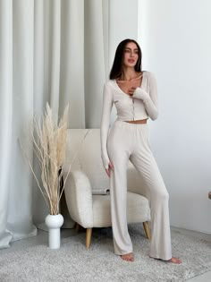 Meet our collection of knitted viscose. A soft and pleasant to the touch set, which is nice to wrap yourself in after a working day 🫶🏻 Natural home set / pajama pants + top with long sleeve viscose High-rise pants, soft elastic and perfect length, loose cut, so they are very comfortable. The top nicely delineates and does not constrain movements. A great option for clothes for home, for sleep, a great gift for a birthday, anniversary, wedding, anniversary or any other holiday for a mother, beloved wife, girlfriend, daughter, sister, close friend buy at More. Colors: milky Model is wearing size XS-S and is 5'6"/172cm (86/60/92) XS Bust - 32.3 - 33.7 inches (82-86 cm) Waist - 23.6 - 26 inches (60-66 cm) Hips - 34.6 - 37 inches (88-94 cm) S Bust - 33.7 - 35.5 inches (86-90 cm) Waist - 26 - Beige Long Sleeve Sets For Home, Stretch Long Sleeve Pant Set For Loungewear, Beige Casual Pajama Party Sets, Casual Beige Sets For Pajama Party, Casual Beige Pajama Party Sets, Cozy Fitted Loungewear Sets, Chic Long Sleeve Sleep Sets, Long Sleeve Matching Pant Set For Loungewear, Cozy Cream Loungewear Sets