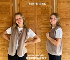 two young women standing next to each other in front of wooden doors with their hands on their hips