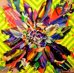 an abstract painting with lots of colors and shapes on it's face, in the middle