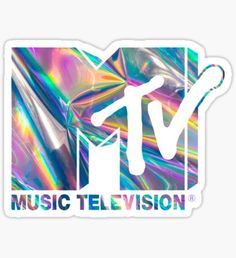 the music television logo sticker is white and has an iridescent pattern on it