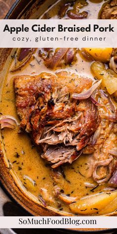 an apple cider braised pork stew in a skillet