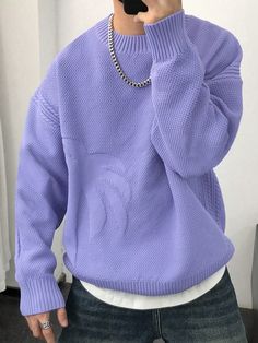 Men's Drop Shoulder Casual Palm Tree Graphic Long Sleeve Pullover Sweater, For Going Out, Friends Purple Casual  Long Sleeve Knitwear Plain Pullovers Slight Stretch  Men Clothing, size features are:Bust: ,Length: ,Sleeve Length: Purple Outfits Men, Purple Shoes Outfit, Purple Sweater Outfit, Sweatshirt Outfit Men, Sweater Outfits Men, Black Men Fashion Casual, Drop Shoulder Sweater, Outfits Hombre, Cozy Winter Outfits