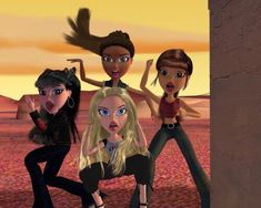 three cartoon girls are standing in front of an orange sky and one girl is wearing black