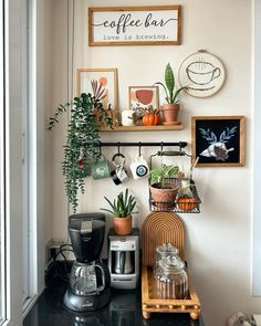 the coffee bar is filled with plants and other things