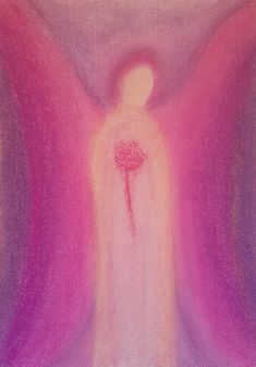 a drawing of a person standing in front of a cross with pink and purple colors