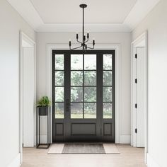 an empty room with two doors and a potted plant