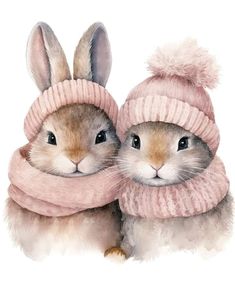 two rabbits wearing pink hats and scarves, one is holding the other's head