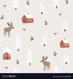 an image of christmas wallpaper with reindeers and houses