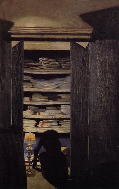 a painting of a person standing in front of a book shelf with books on it