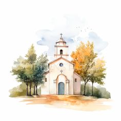 a watercolor painting of a church surrounded by trees