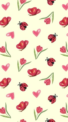 a ladybug pattern with hearts and flowers on a white background for wallpaper