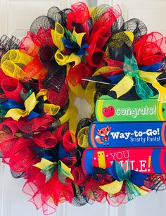 It's Graduation Time! Get this beautiful Wreath to display and show how proud you are of your graduate. It's 24x24x6 in diameter. 7 inch clusters surrounding the wreath with a12x11 inch sign with the inscription Congrats, Way to go! Smarty Pants, You Rule, home decor, Graduation, School, red, black, green, yellow, red. Wreath for front door, May, dean's list, principal list, honor roll, GPA, door hanger Graduation Wreath, Red Wreath, Red Black Green, Honor Roll, Smarty Pants, Wreath For Front Door, Way To Go, Beautiful Wreath, Door Wreath Hanger