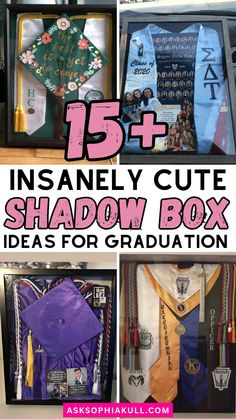 an assortment of different items in a shadow box with the text 15 + insanely cute shadow box ideas for graduation