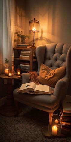 an open book is sitting on a chair in front of a lamp and bookshelf