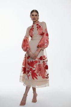 Tall Applique Organdie Woven Midi Dress | Karen Millen Spring Embroidered Organza Dress For Party, Spring Party Embroidered Organza Dress, Spring Party Organza Embroidered Dress, Cocktail Dress With Floral Embroidery In Organza, Cocktail Organza Dress With Floral Embroidery, Embroidered Long Sleeve Organza Dress, Long Sleeve Organza Dresses For Spring, Spring Long Sleeve Organza Dresses, Summer Party Dress With Bishop Sleeves