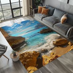 a living room area rug with an ocean scene on the floor and rocks in the water