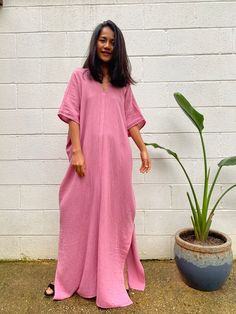 MALA handworks Gloria Double Gauze Cotton Kaftan in Pink Summer Maxi Dress With Relaxed Fit, Pink Beachwear Kaftan For Spring, Pink Flowy Long Maxi Dress, Flowy Pink Long Maxi Dress, Pink Flowy Kaftan For Spring, Flowy Pink Kaftan For Spring, Summer Tunic Maxi Dress With Relaxed Fit, Relaxed Fit Summer Maxi Dress Tunic, Relaxed Fit Tunic Maxi Dress For Summer