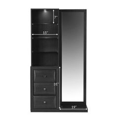 a tall black cabinet with drawers and a mirror