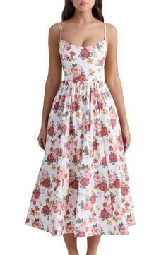 A vintage-inspired floral print perfectly complements the full-skirted A-line silhouette of this romantic sundress cut from a fresh, breezy cotton blend. Exclusive retailer Sweetheart neck Spaghetti straps 65% cotton, 32% nylon, 3% elastane Dry clean Imported Romantic Sundress, Delicate Heels, Head Turning Dress, Formal Dresses For Men, Cotton Corset, Summer Cut, Floral Sundress, House Of Cb, Satin Midi Dress