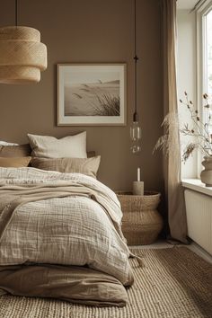 a bed sitting next to a window in a bedroom under a light hanging from the ceiling