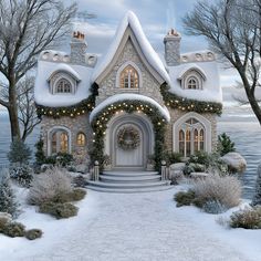 a house is decorated with christmas lights and wreaths