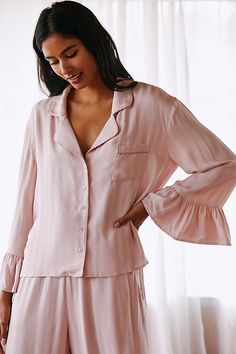 * Style with the By Anthropologie Ruffle Sleep Pants* Viscose, rayon* Button-front* Hand wash* Imported Mother Of The Bride Pajamas, Pink Pajama Set Aesthetic, Bridgerton Pajamas, Elegant Pajamas For Women, Wedding Pajamas Bridesmaids, Pj Sets Women, Feminine Pyjamas, Classy Pajamas, Pajama Set Aesthetic