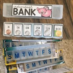 several different types of money sitting on top of each other in front of a wooden table