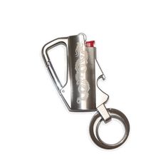 a metal keychain with a bottle opener hanging from it's side on a white background