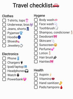 a travel checklist with lots of items on it