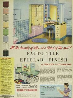 an old advertisement from the 1950's shows kitchen and bathroom items in different colors