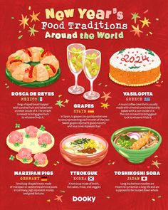 the new year's food and drink guide is shown in this graphic style, which includes